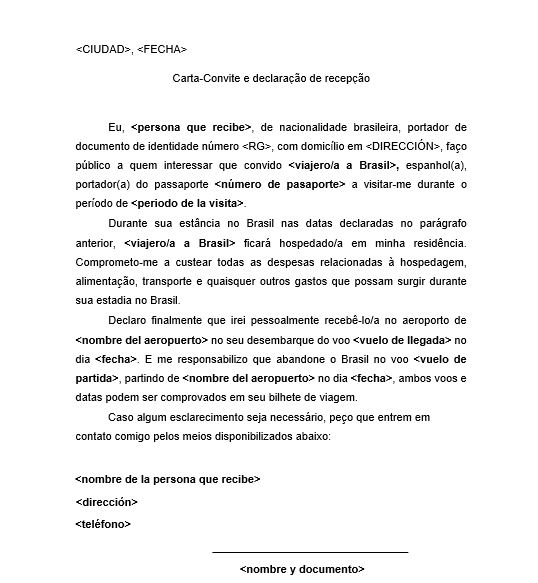 Modelo de carta de invitación para viajar a Brasil, también llamada carta convite